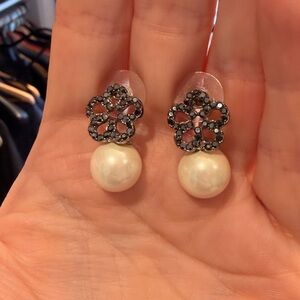 Pearl Drop Earrings with Black Crystal Flower Studs